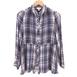 J. Jill Womens Button Down Shirt Size Medium Purple Plaid Viscose Rayon Blouse